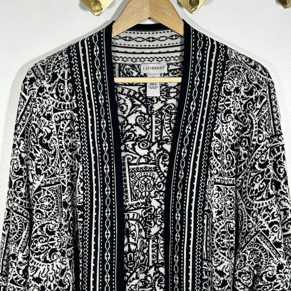 Catherines Sweater Size 3x Open Front Cardigan Sweatercoat Black White Print - Picture 2 of 7